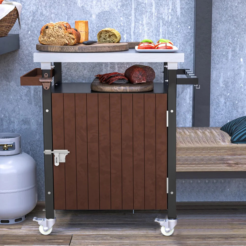 IVV BBQ Grill Storage Cart/Bin, Outdoor Storage Cabinet on Wheels, Metal Kitchen Dining Table Cooking Prep Table with Wheels, Hooks, and Spice Rack, for Patio Island Home Party Bar (Brown)