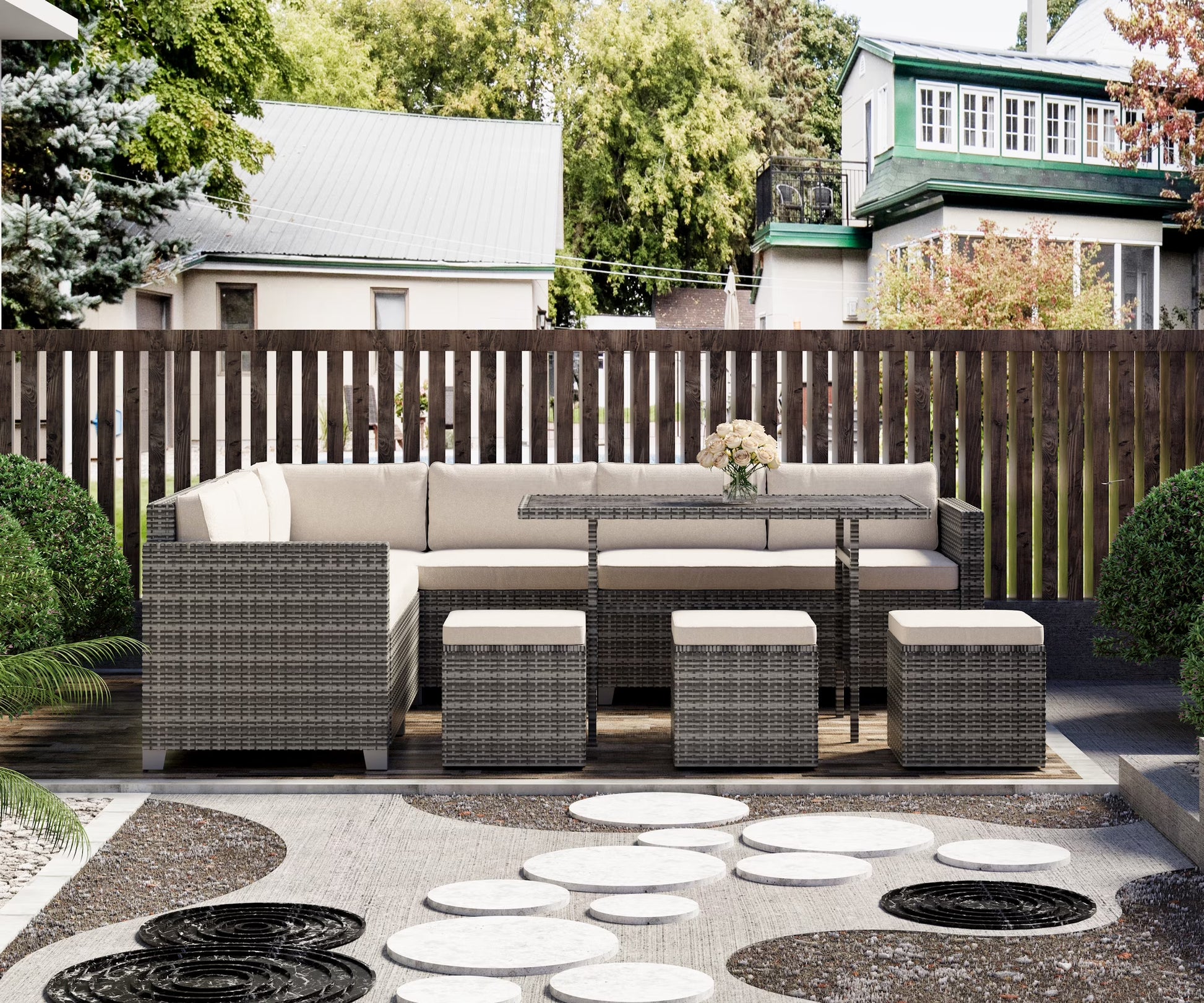 Bifanuo 7 Piece Patio Furniture Set, Outdoor Furniture Patio Sectional Sofa, All Weather PE Rattan Outdoor Sectional with Beige Cushions and Table, Black Wicker