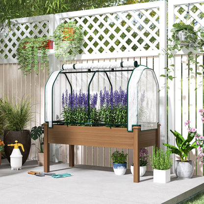 Outsunny Raised Garden Bed with PE Greenhouse Cover Outdoor Elevated Wood Planter Box for Herbs, Vegetables, for Patio, Backyard, Balcony, Brown