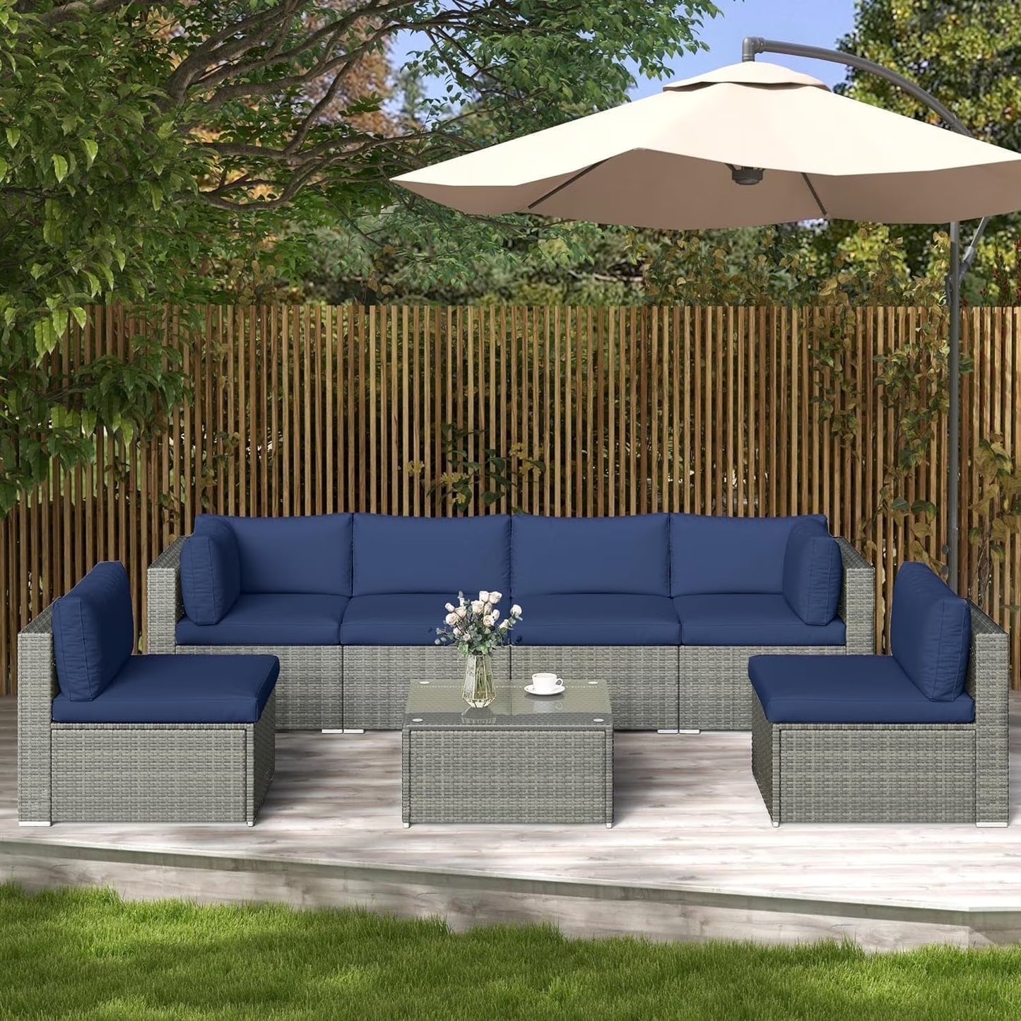 SUNVIVI 7 Pieces Patio Furniture Sets, All-Weather PE Grey Wicker Outdoor Rattan Sectional Sofa, Patio Sofa Couch with Table and Beige Cushions