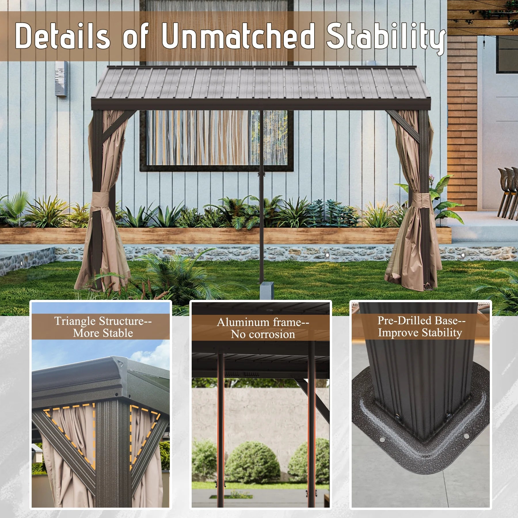 Domi Outdoor Living 10' x 12' Hardtop Lean-to Gazebo, Wall-Mounted with Galvanized Steel Roof Wall Pergola with Aluminum Frame, Curtains and Netting, for Patio, Deck, Garden, Backyard