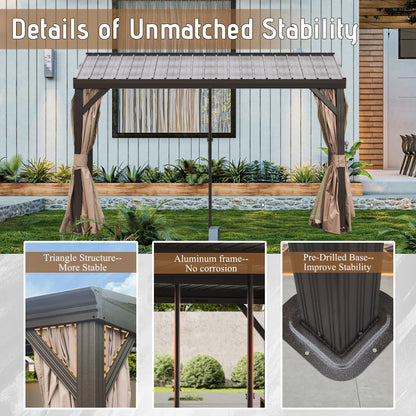 Domi Outdoor Living 10' x 12' Hardtop Lean-to Gazebo, Wall-Mounted with Galvanized Steel Roof Wall Pergola with Aluminum Frame, Curtains and Netting, for Patio, Deck, Garden, Backyard