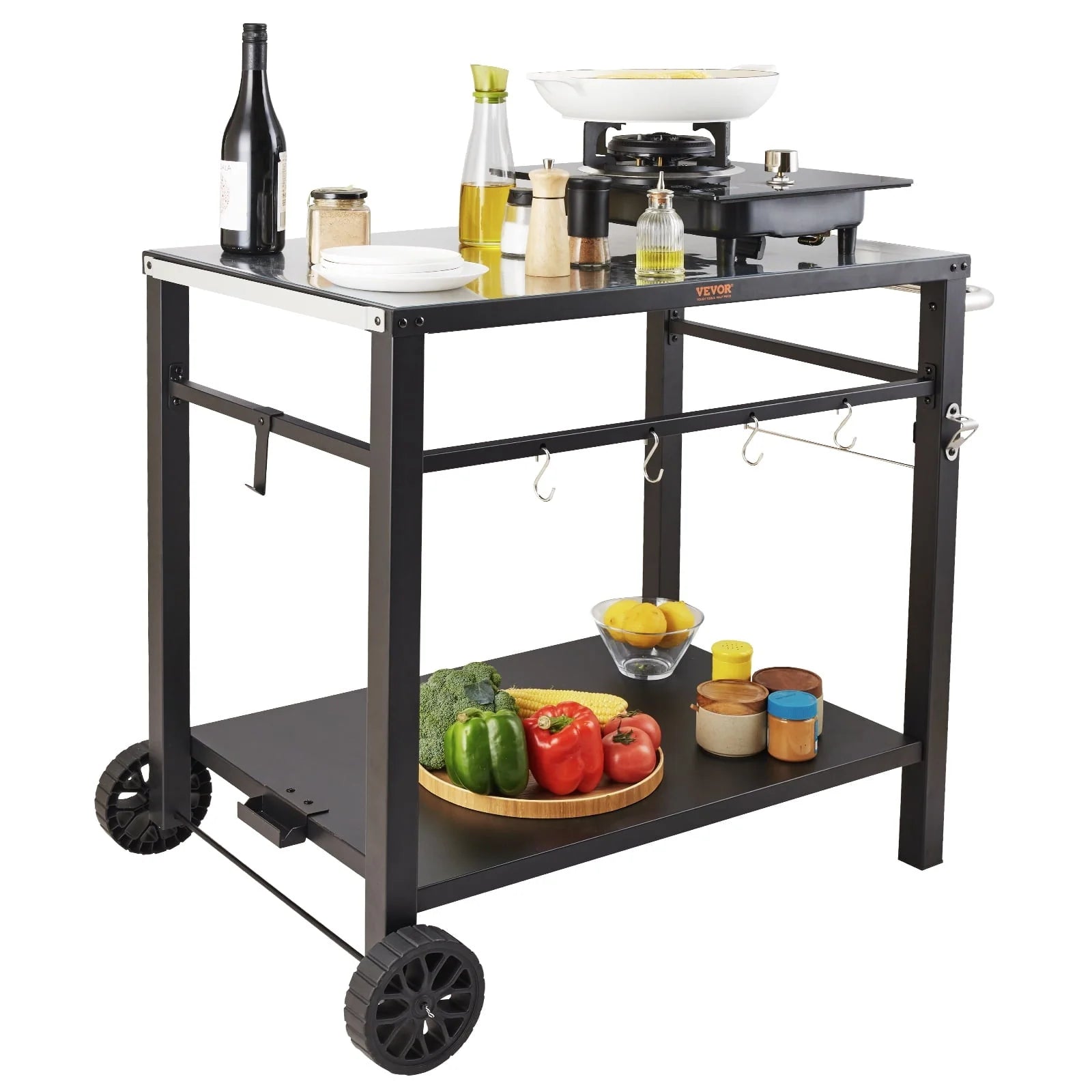 BENTISM Outdoor Grill Dining Cart Double-Shelf BBQ Movable Food Prep Trolley Patio