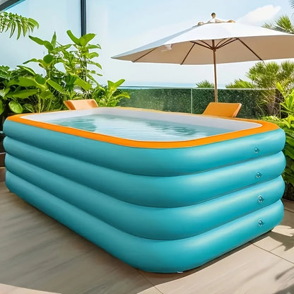 Super Large 3.1m 4-Layer Heightened & Thick Inflatable Swimming Pool - Foldable PVC Sunscreen Material, 4-Person Capacity, Blue & White Rectangular Design with Smooth Surface for Patio