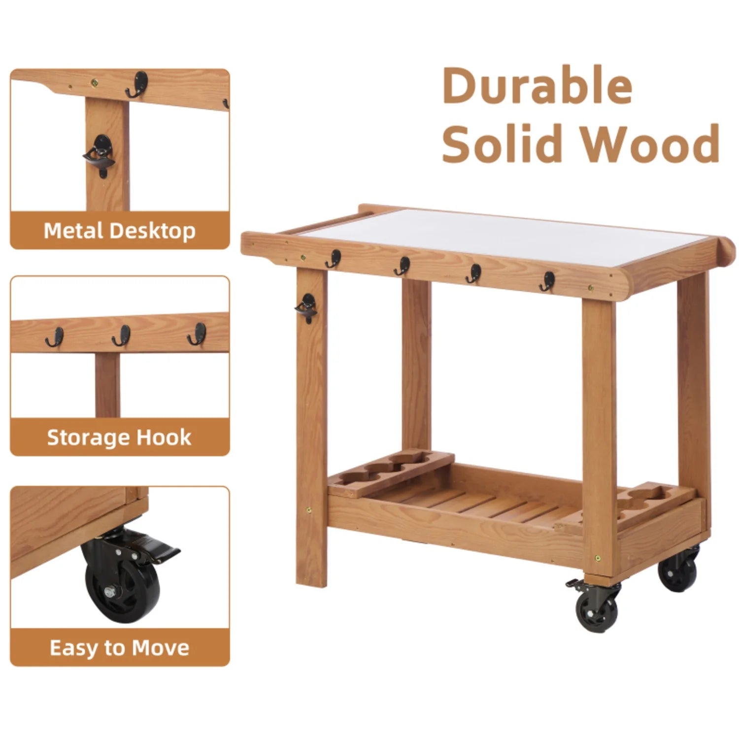 Outdoor Wooden Cart Table With Wheels Metal Top And Storage Hook For Patio Backyard Garden Offering Both Charm And Heat Resistance