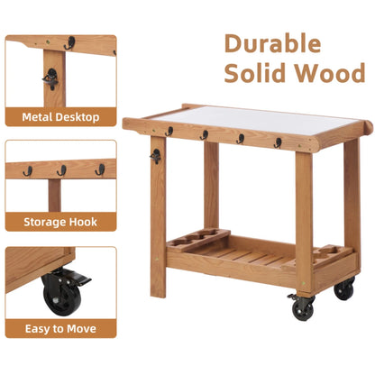 Outdoor Wooden Cart Table With Wheels Metal Top And Storage Hook For Patio Backyard Garden Offering Both Charm And Heat Resistance