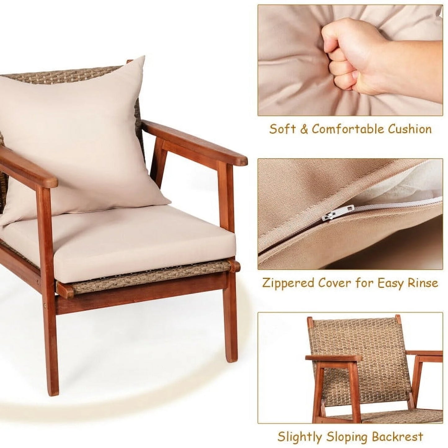 Barara King Outdoor Collection Set, Patio Conversation Table Chair Set, 4 Piece Acacia Wood Patio Rattan Furniture Set-Brown