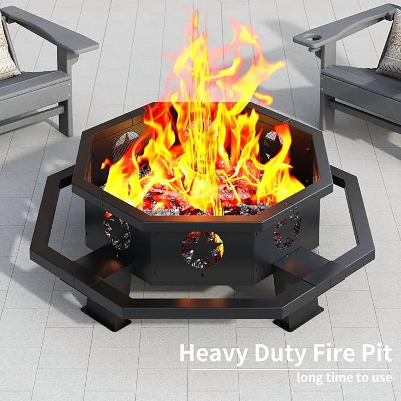 45 inch Extra Large Fire Pit, Outdoor Wood Burning Fire Pit for Outside Octagonal Heavy Duty Firepit for Camping, Backyard, Patio, Black