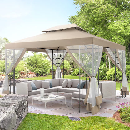 Hoteel 10'x 13' Metal Patio Gazebo, Outdoor Gazebo Canopy Tent for Backyard with Mosquito Netting, Gazebos Shelter with Steel Frame, Patio Covers for Shade and Rain, Khaki