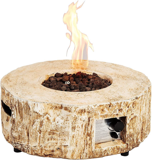 UIXE Gas Fire Pit Bowl Table, Faux Stump Outdoor Propane Firepit Round Table with Lava Rock, Waterproof Cover, Smokeless Fire Pit for Outside Patio Garden Backyard, 28 inch 30,000 BTU, CSA Approved