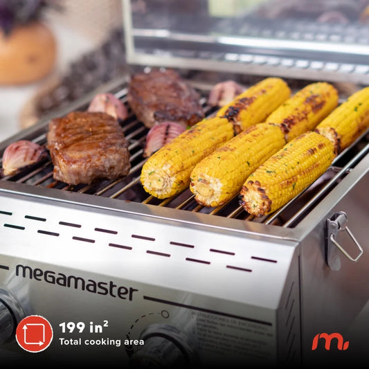 Megamaster 2-Burner Stainless Steel Portable Gas Grill with Built-In Lid, 16,000 BTUs, Foldable Legs, Small Propane Grill for Outdoor Cooking, Camping, BBQs, Patios, Tabletop, and Gardens - 820-0033M