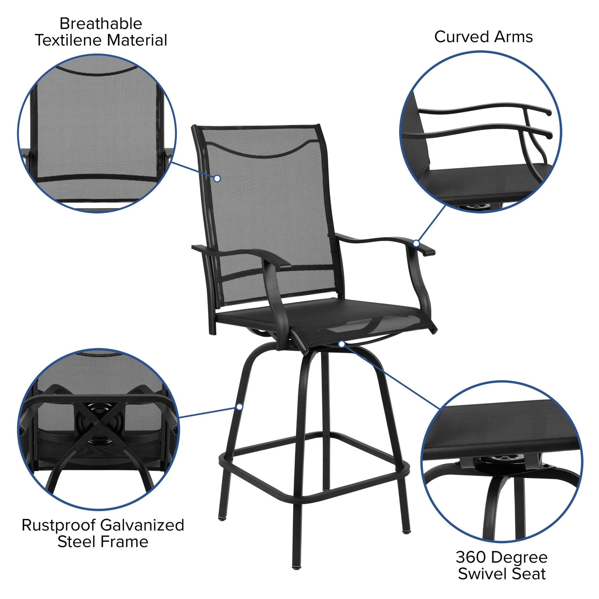 Flash Furniture Valerie Outdoor Sling Patio Barstools with Footrest and Arms, Set of 2, Black