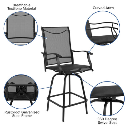 Flash Furniture Valerie Outdoor Sling Patio Barstools with Footrest and Arms, Set of 2, Black