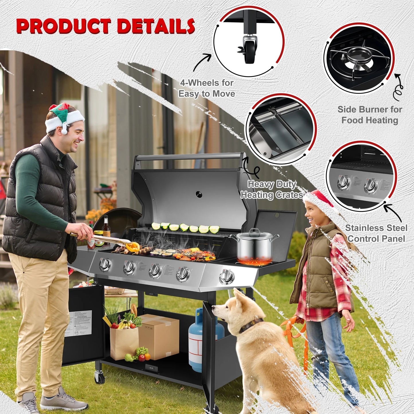Enyopro 4 Burner Propane Gas Grill w/Side Burner, 50,000BTU Stainless Steel BBQ Grill with Brush, Built-in Thermometer, 4 Universal Wheels for Outdoor Cooking Patio Backyard