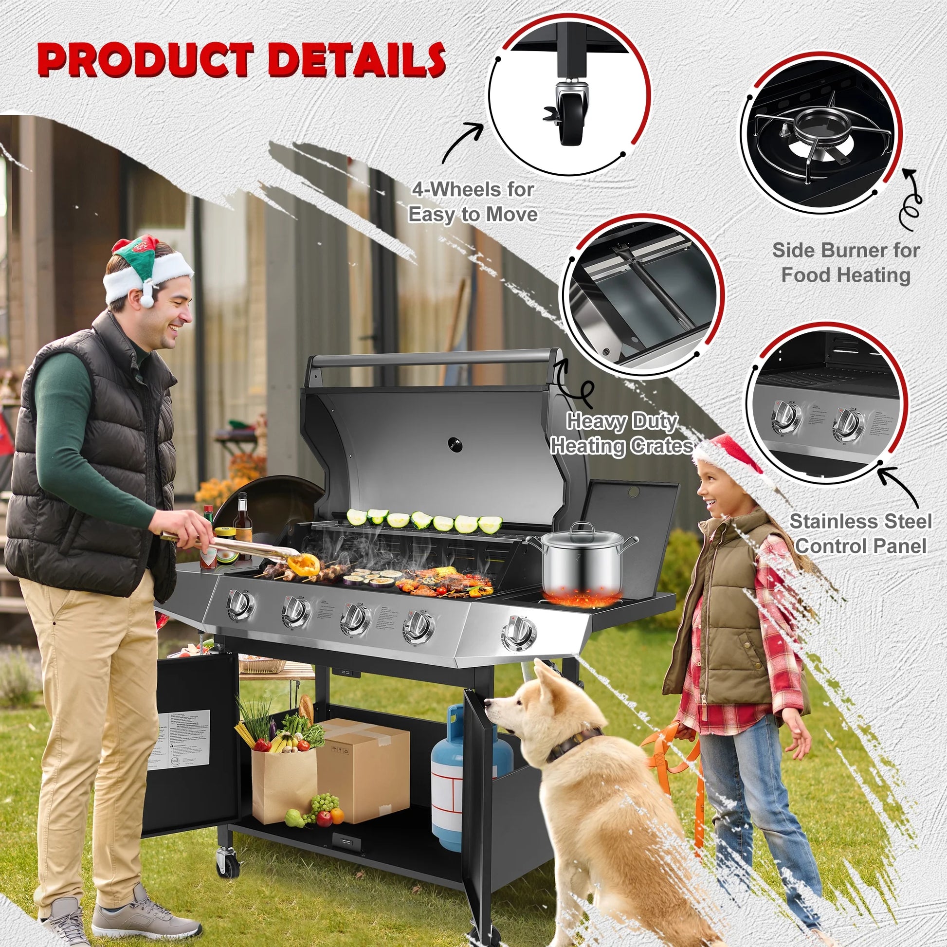 Enyopro 4 Burner Propane Gas Grill w/Side Burner, 50,000BTU Stainless Steel BBQ Grill with Brush, Built-in Thermometer, 4 Universal Wheels for Outdoor Cooking Patio Backyard