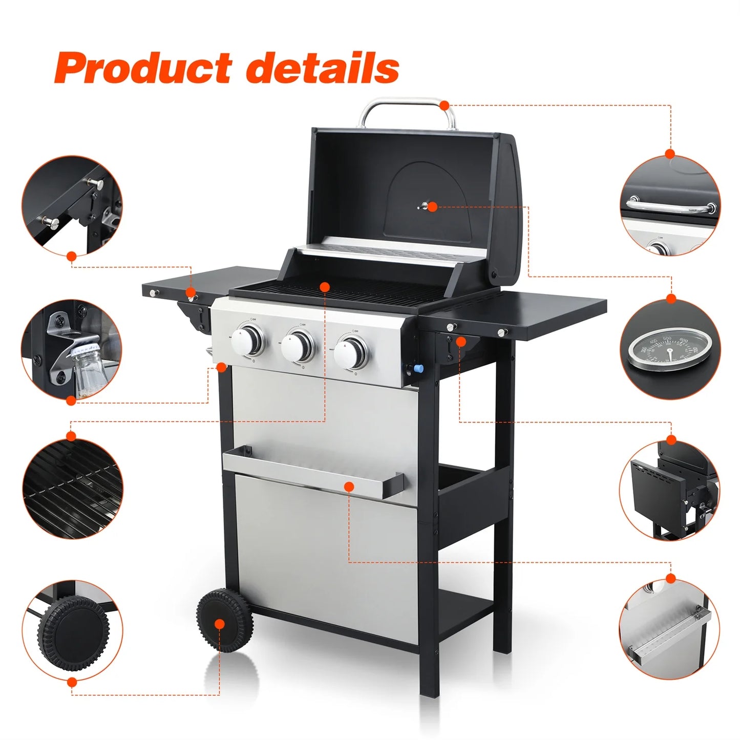 HighSound 3 Burner BBQ Propane Gas Grill, Stainless Steel 25650 BTU Patio Garden Barbecue Grill with Wire Enamel Cooking Grids & Foldable Shelves, Black