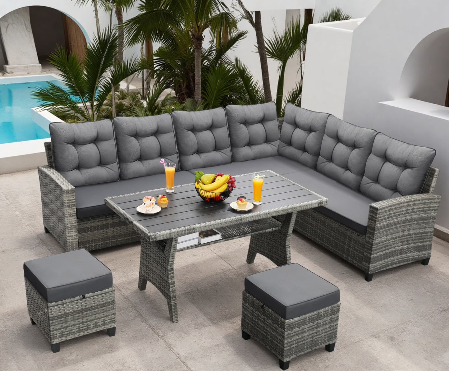 LOGYAT 6 Piece All Weather Outdoor Sectional Set, with 2 Sofas, 2 Ottomans with 1 Table, Patio Conversation Furniture for Deck, Garden, Natural Wicker and Black Cushions