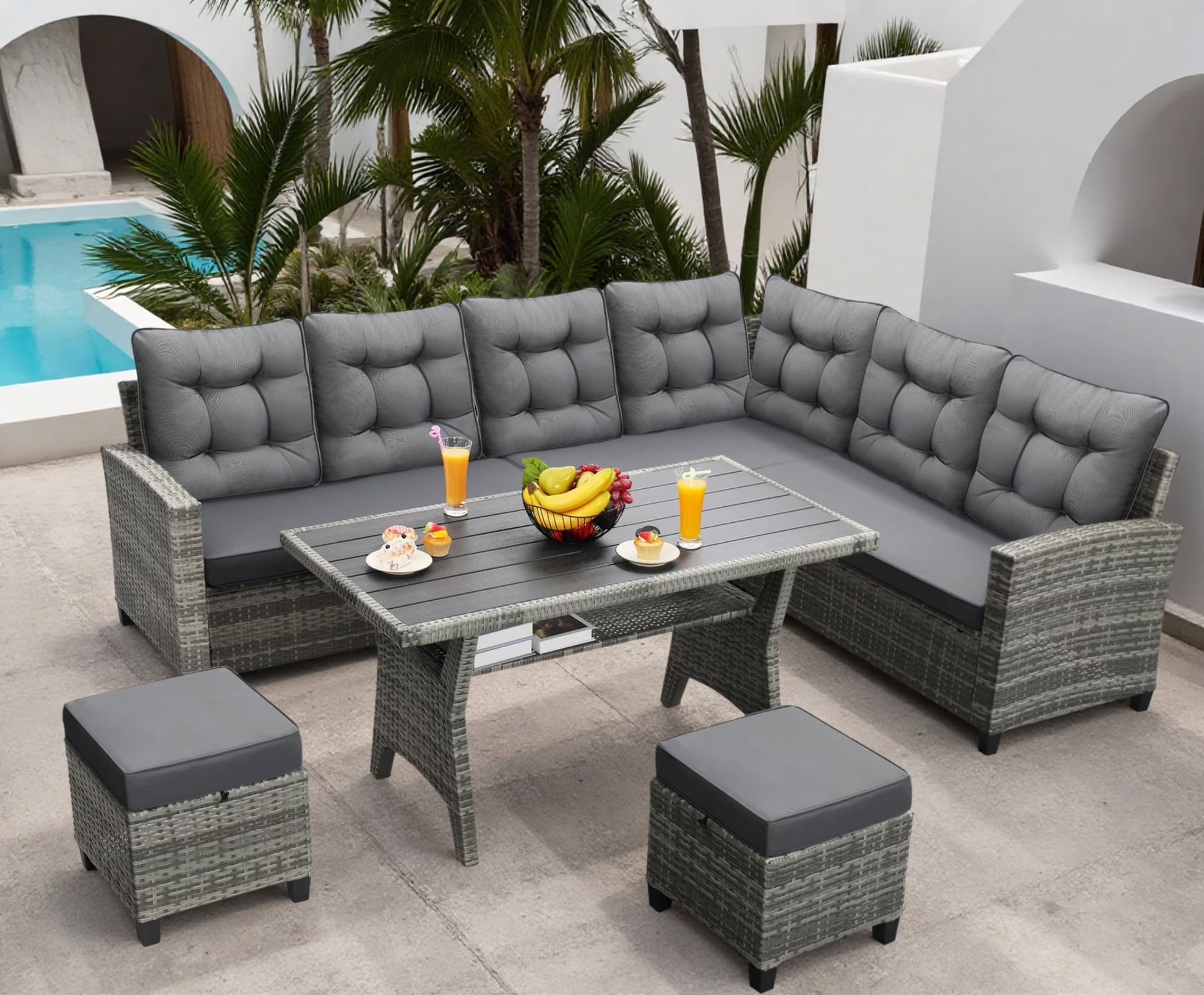LOGYAT 6 Piece All Weather Outdoor Sectional Set, with 2 Sofas, 2 Ottomans with 1 Table, Patio Conversation Furniture for Deck, Garden, Natural Wicker and Black Cushions