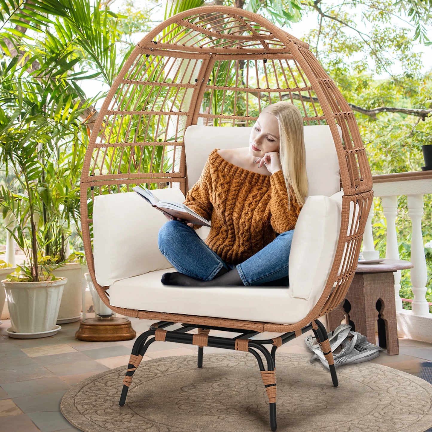 Skandiquip Oversized Rattan Adult Egg Chair, 360 Swivel, Outdoor Patio Chair with overstuffed Cushions, Indoor Large Wicker Egg Chair, Natural Rattan, Beige Cushion