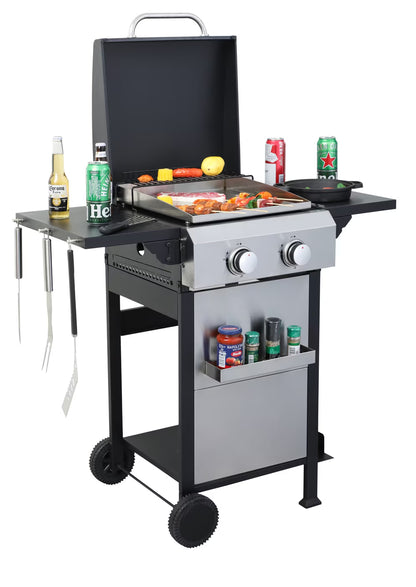 HighSound 2-Burner Propane Gas Grill, 24600 BTU Patio Garden Barbecue Grill with Stainless Steel Tray, Wire Enamel Cooking Grids & Foldable Shelves, Black