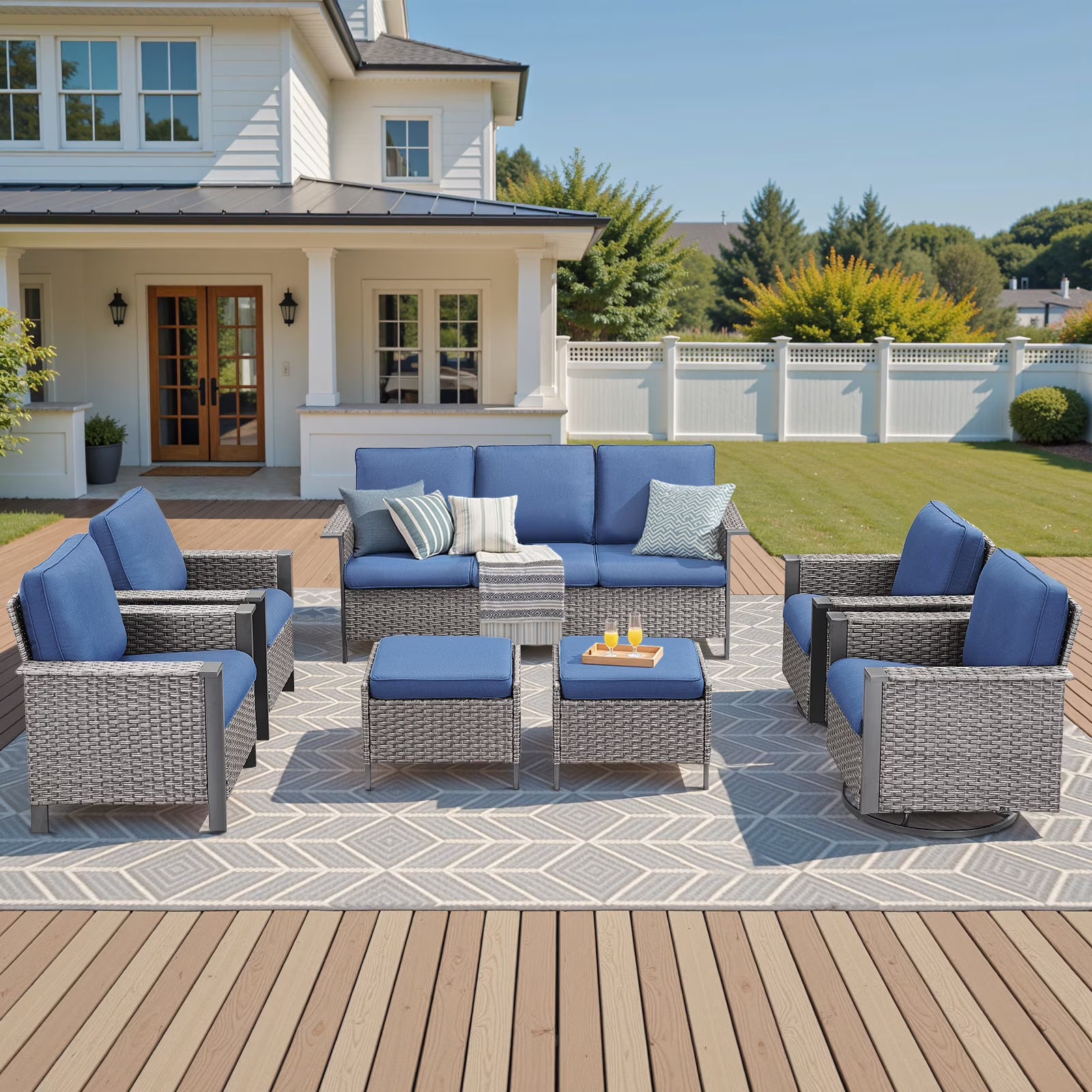 Opohoro 5-Piece Outdoor Conversation Set with Wide Armrest Patio Sofa, Ottomans and Swivel Rocking Chairs for Porch Garden