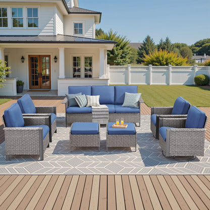 Opohoro 5-Piece Outdoor Conversation Set with Wide Armrest Patio Sofa, Ottomans and Swivel Rocking Chairs for Porch Garden