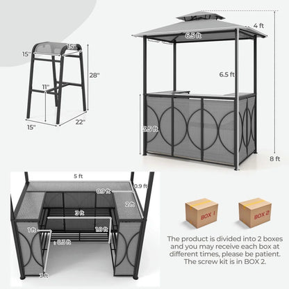 Spaco 3-Piece Patio Bar Set with A Heat-Resistant Tempered Glass Top, Grill Gazebo & 2 Bar Stools with Tempered Glass Bar Table, Bar Set for Outdoor, Brown