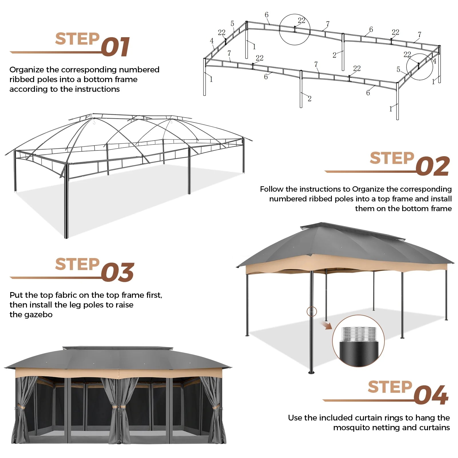 Hoteel 12X20 Heavy Duty Outdoor Patio Gazebo with Mosquito Netting and Curtains, Canopy Tent Deck Gazebo with Double Roofs and Metal Steel Frame for Party, Backyard, Deck, Garden, Gray