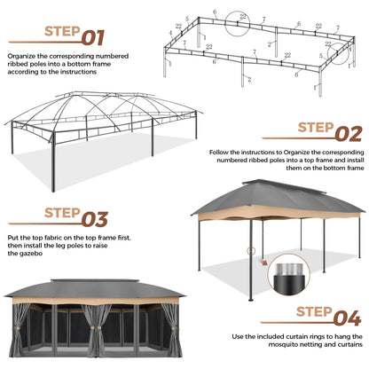 Hoteel 12X20 Heavy Duty Outdoor Patio Gazebo with Mosquito Netting and Curtains, Canopy Tent Deck Gazebo with Double Roofs and Metal Steel Frame for Party, Backyard, Deck, Garden, Gray