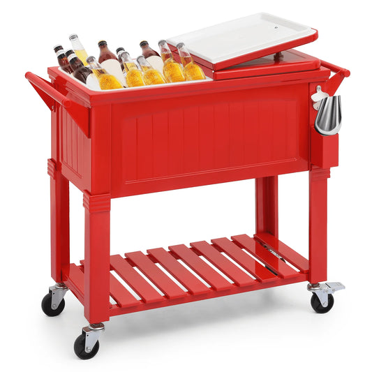 Magshion Rolling Patio Cooler Ice Chest with Wheels & Ice Scoop, Outdoor Cold Drink Beverage Bar Cart with Storage Shelf & Bottle Opener Deck Backyard Party Tub Trolley Cart, Red
