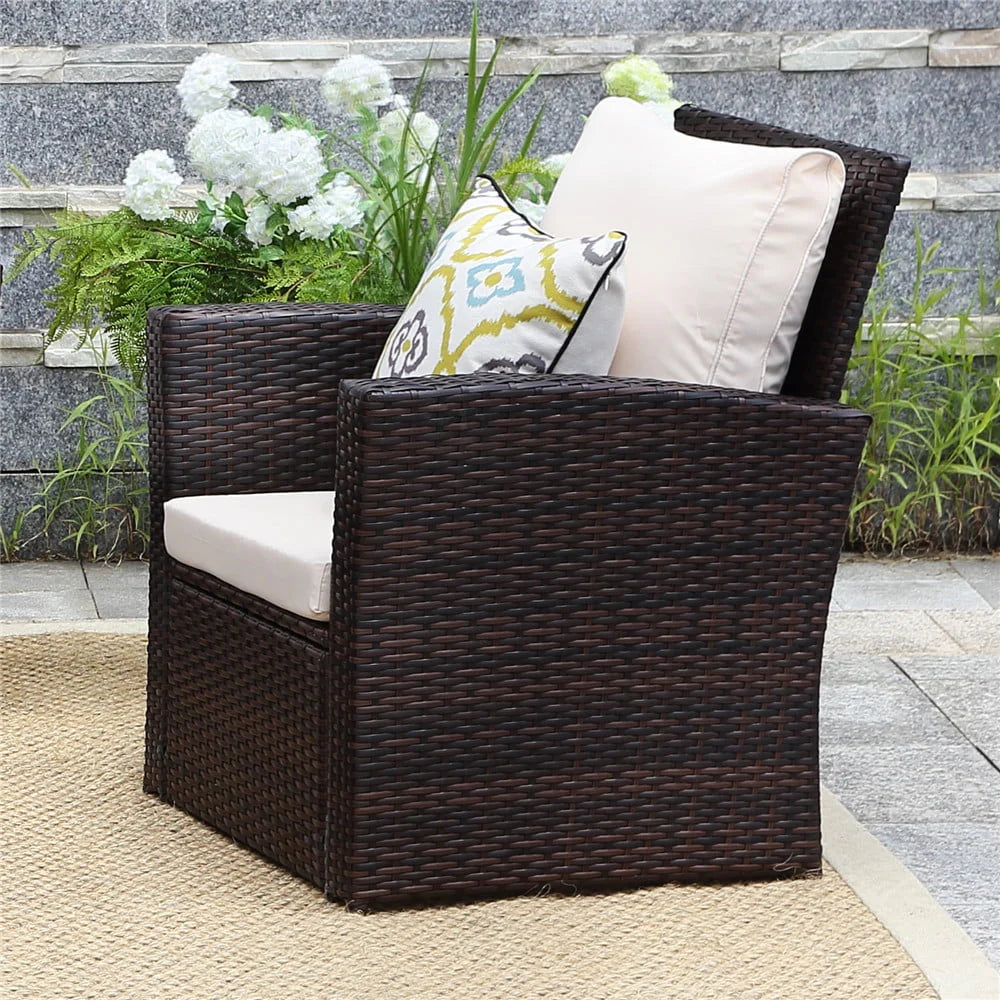Superjoe Outdoor Patio Furniture Set 4 Pcs Wicker Sectional Conversation Sofa Steel Frame Rattan Couch with Coffee Table on Sale, Brown Rattan Beige Cushion