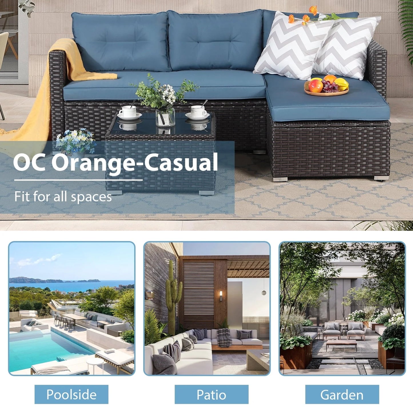 OC Orange-Casual 5-Piece Patio Furniture Set, Outdoor Sectional Sofa, Coffee Table, Dark Brown Rattan & Aegean Blue Cushion
