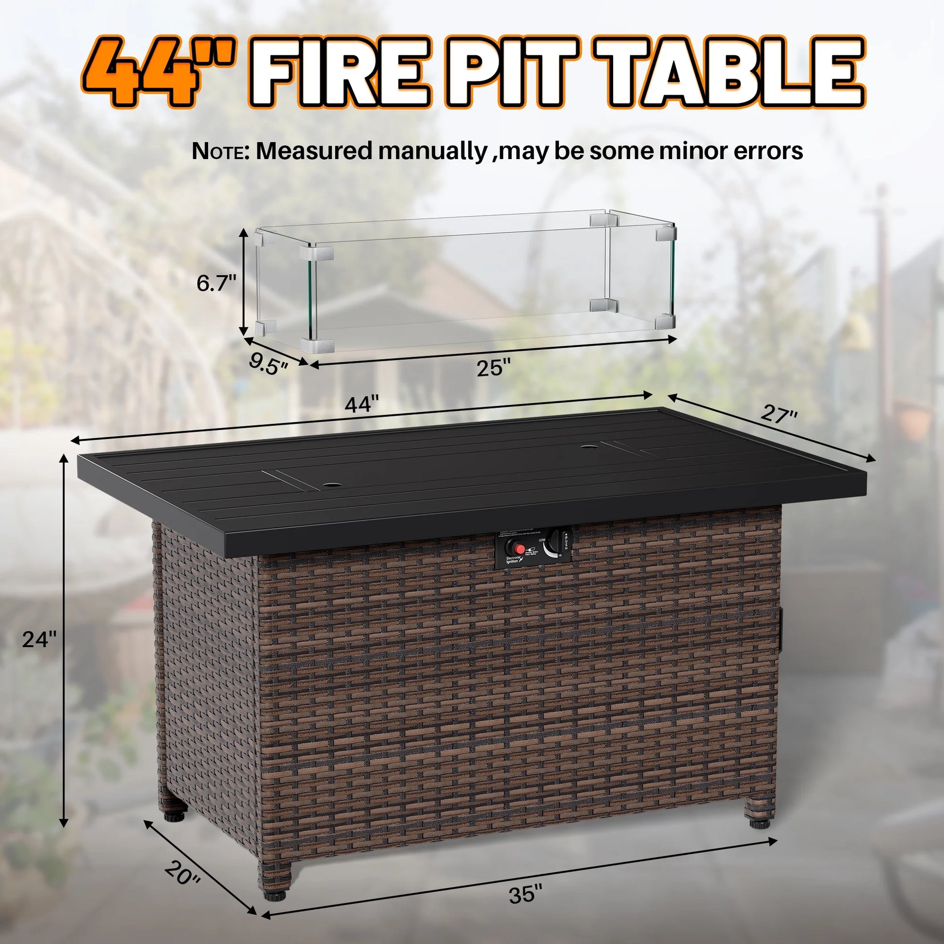 44 Inch Outdoor Wicker Fire Pit Table, 50000 BTU Propane Fire Pits with Glass Wind Guard and Lid, Patio Gas Fire Pit for Outside Patio and Garden(Brown)