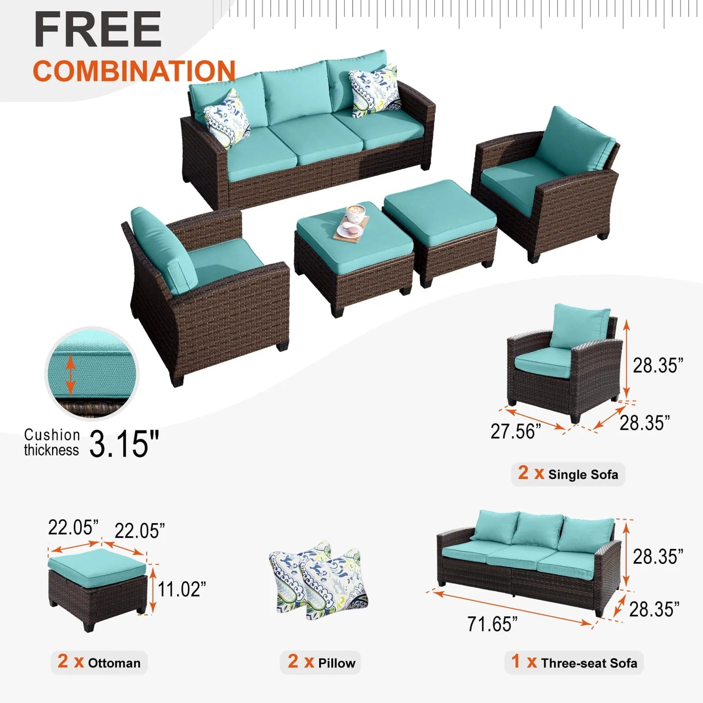 MF Studio 7-Seat Outdoor Patio Conversation Set Wicker Furniture Sofa Set Blue