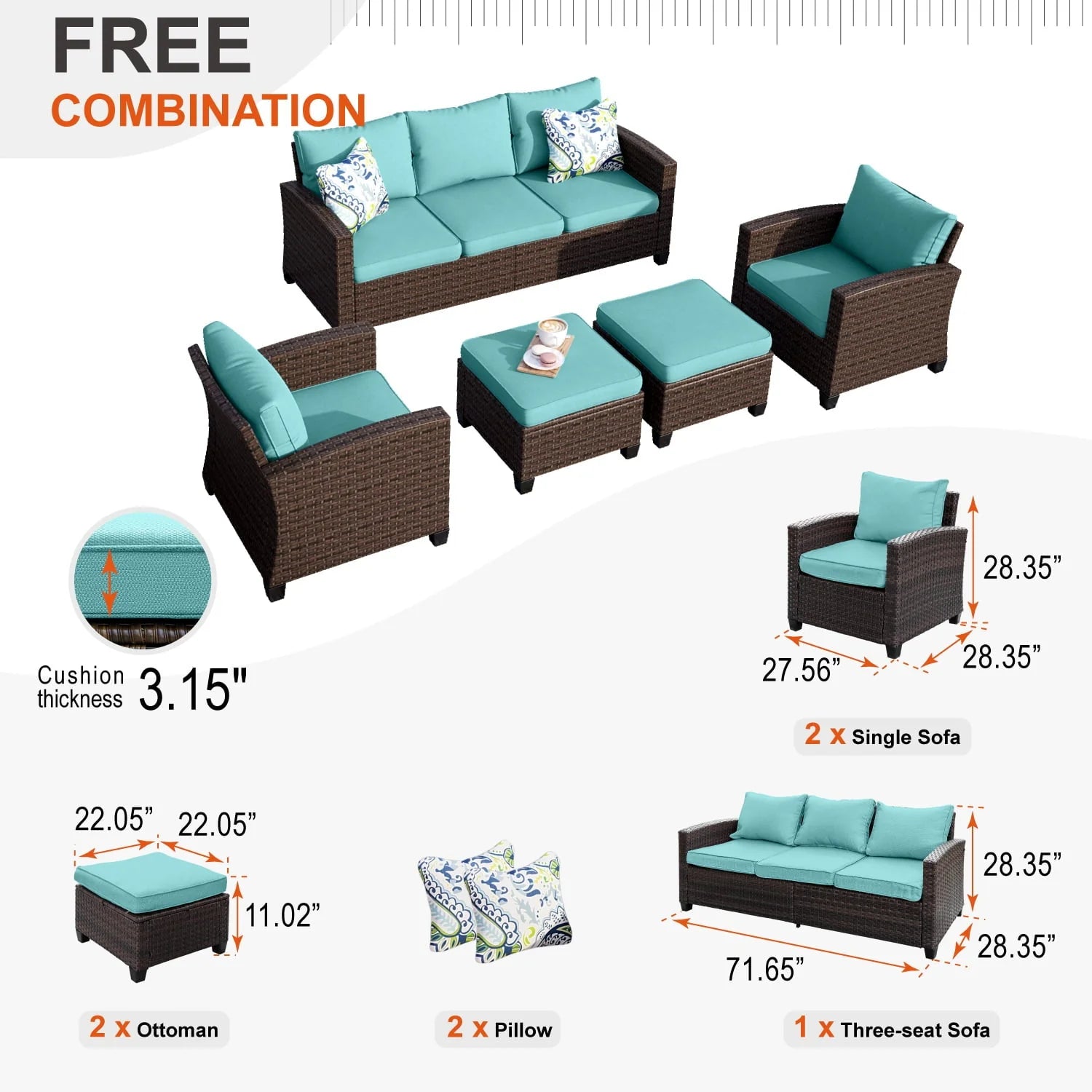 MF Studio 7-Seat Outdoor Patio Conversation Set Wicker Furniture Sofa Set Blue