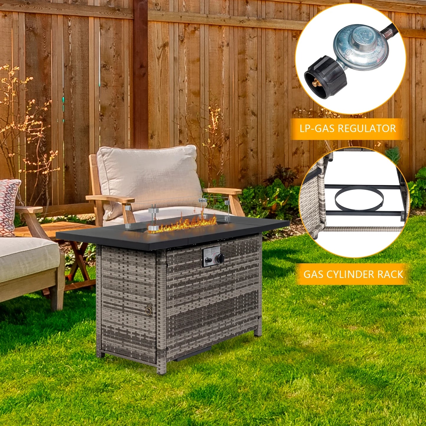 UBesGoo 43" Patio Gas Fire Pit Table, 50,000 BTU Auto-Ignition Fire Tables with Lid, Rain Cover for Outside Garden Backyard Deck Patio Black