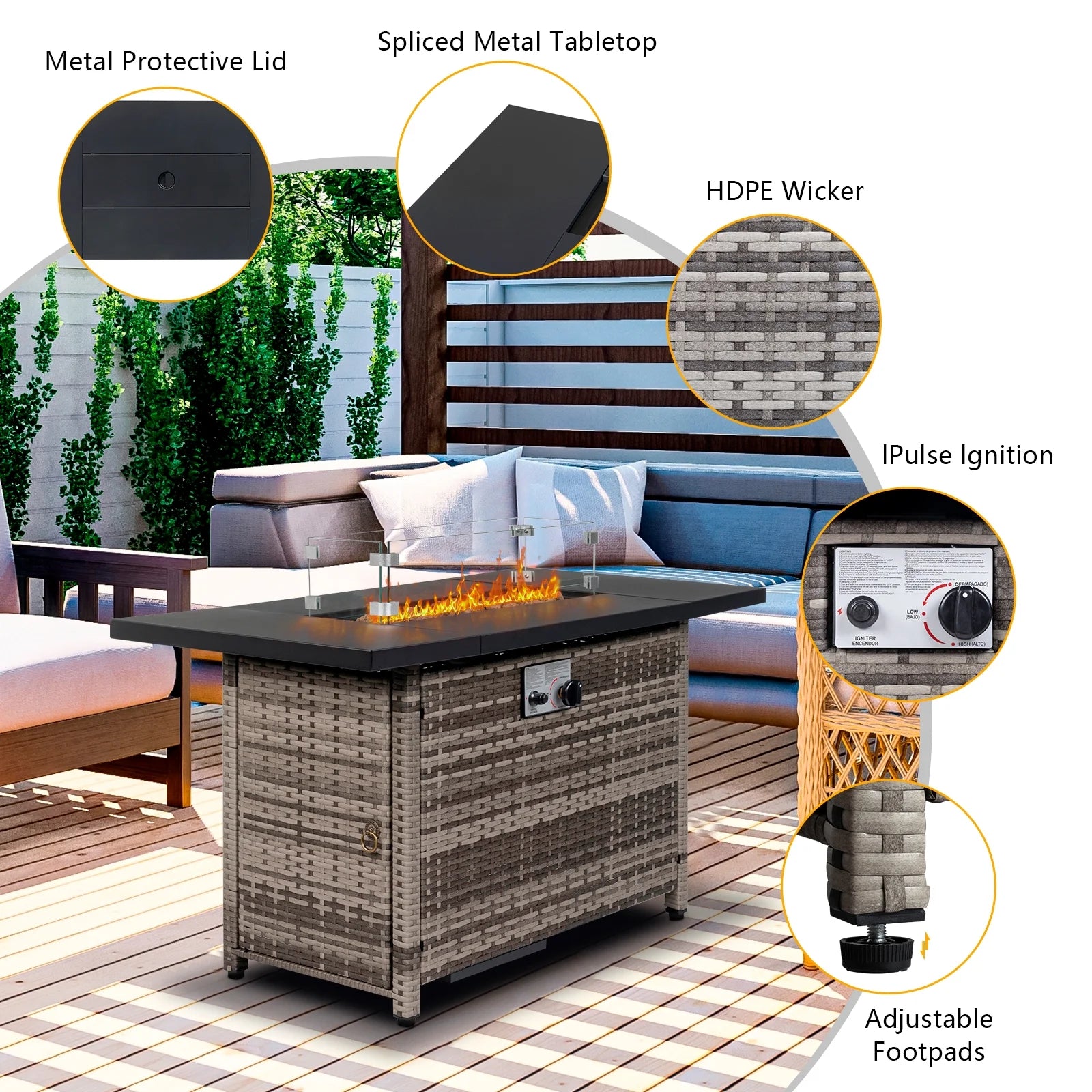 UBesGoo 43" Patio Gas Fire Pit Table, 50,000 BTU Auto-Ignition Fire Tables with Lid, Rain Cover for Outside Garden Backyard Deck Patio Black