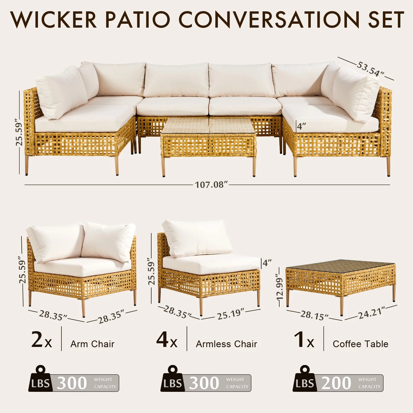 Ktaxon 7-Piece Wicker Patio Furniture Set, Patio Furniture Set with Water Resistant Thick Cushions and Coffee Table, Beige