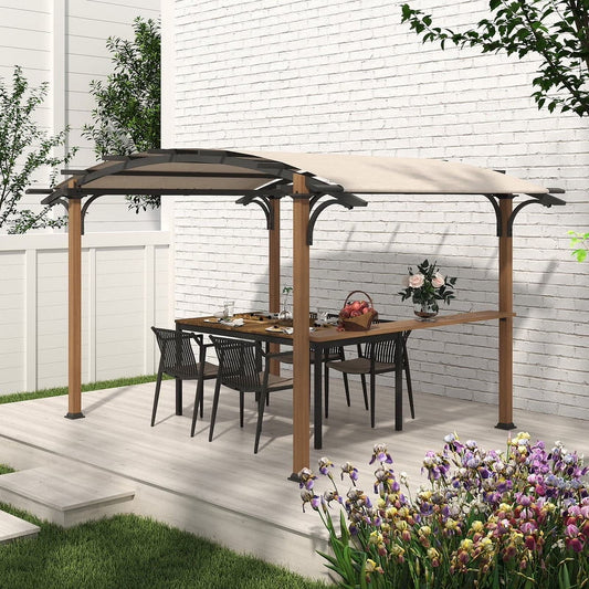 GAZEBETER 8.5 ft x 13 ft Outdoor Pergola with Arched Canopy,Natural Wood Looking Finish and Tan Shade for Backyard,Garden,Patio,Barbecue,Beige