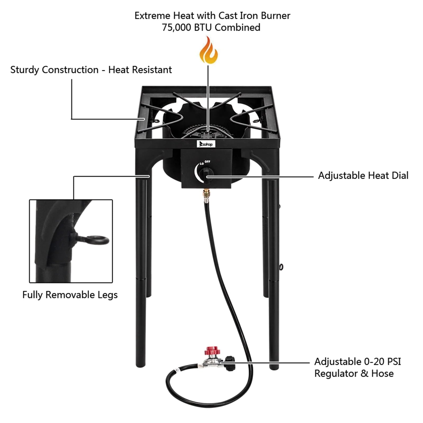 Outdoor Camp Stove High Pressure Propane Gas Cooker Portable Cast Iron Patio Cooking Single Burner