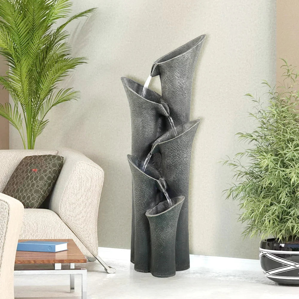 5-Tier Outdoor Water Fountains with LED Lights, 40" High Waterfalls Outdoor Water Feature for Garden Yard Patio Deck Home