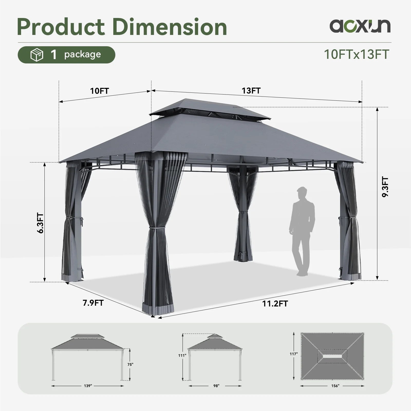 AOXUN Outdoor Gazebo for Patio 10x13, Metal Frame Canopy with Double Roofs, Heavy Duty Party Tent and Shelter with Mosquito Nettings for Backyard, Lawn, Garden,Gray