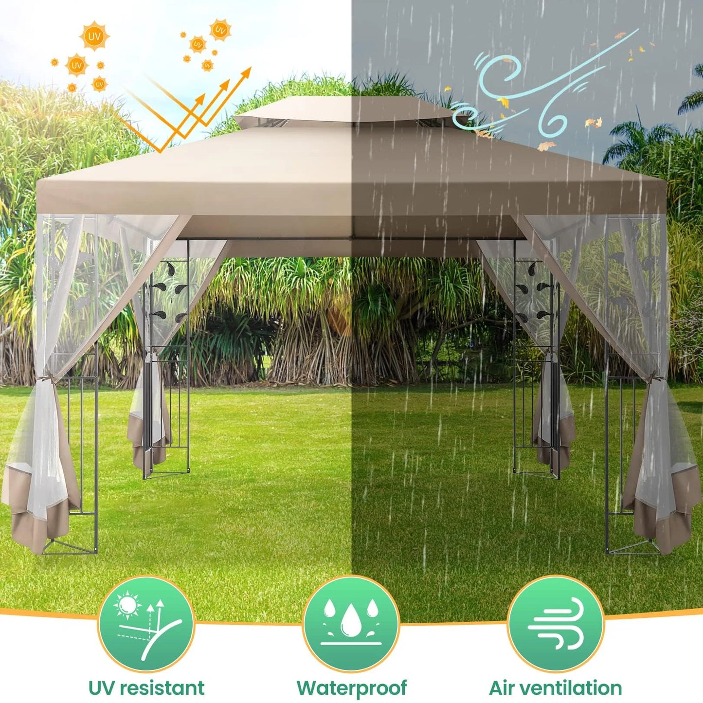 COBIZI Pop-up Gazebo, 10' x 13' Outdoor Steel Double Roof Canopy, Metal Frame Pavilion with Mosquito Netting, Sunshade for Garden, Patio, Lawns, Brown