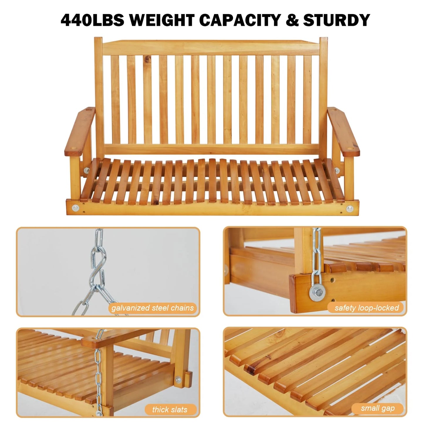 Garvee Outdoor Wooden Porch Swing 4FT, Patio Porch Bench Swing, Heavy Duty 440LBS Hanging Swing Chair Beach Outdoor Swings with Hanging Chain, Spring for Garden Deck Patio Outdoor Yard