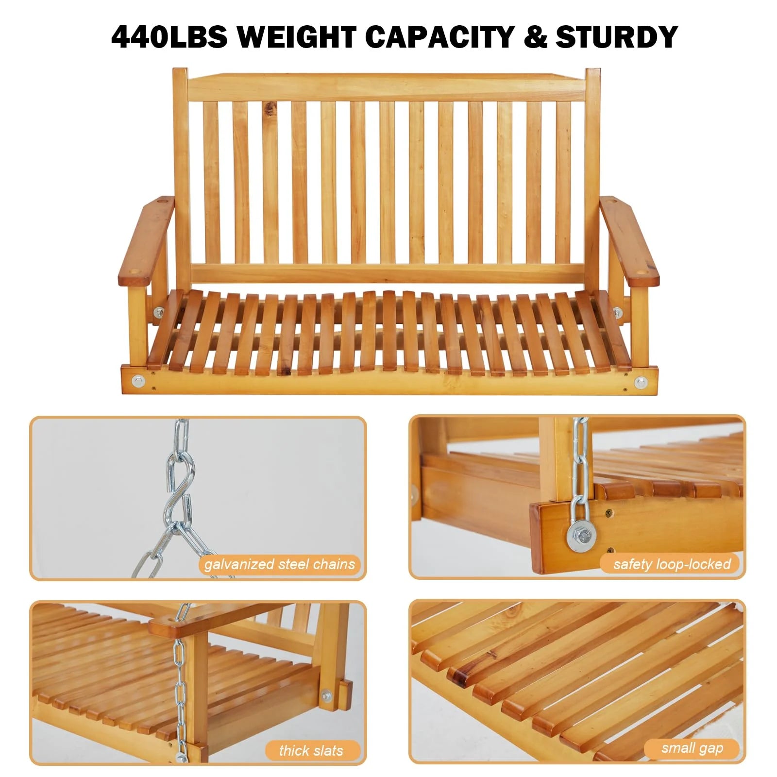 Garvee Outdoor Wooden Porch Swing 4FT, Patio Porch Bench Swing, Heavy Duty 440LBS Hanging Swing Chair Beach Outdoor Swings with Hanging Chain, Spring for Garden Deck Patio Outdoor Yard