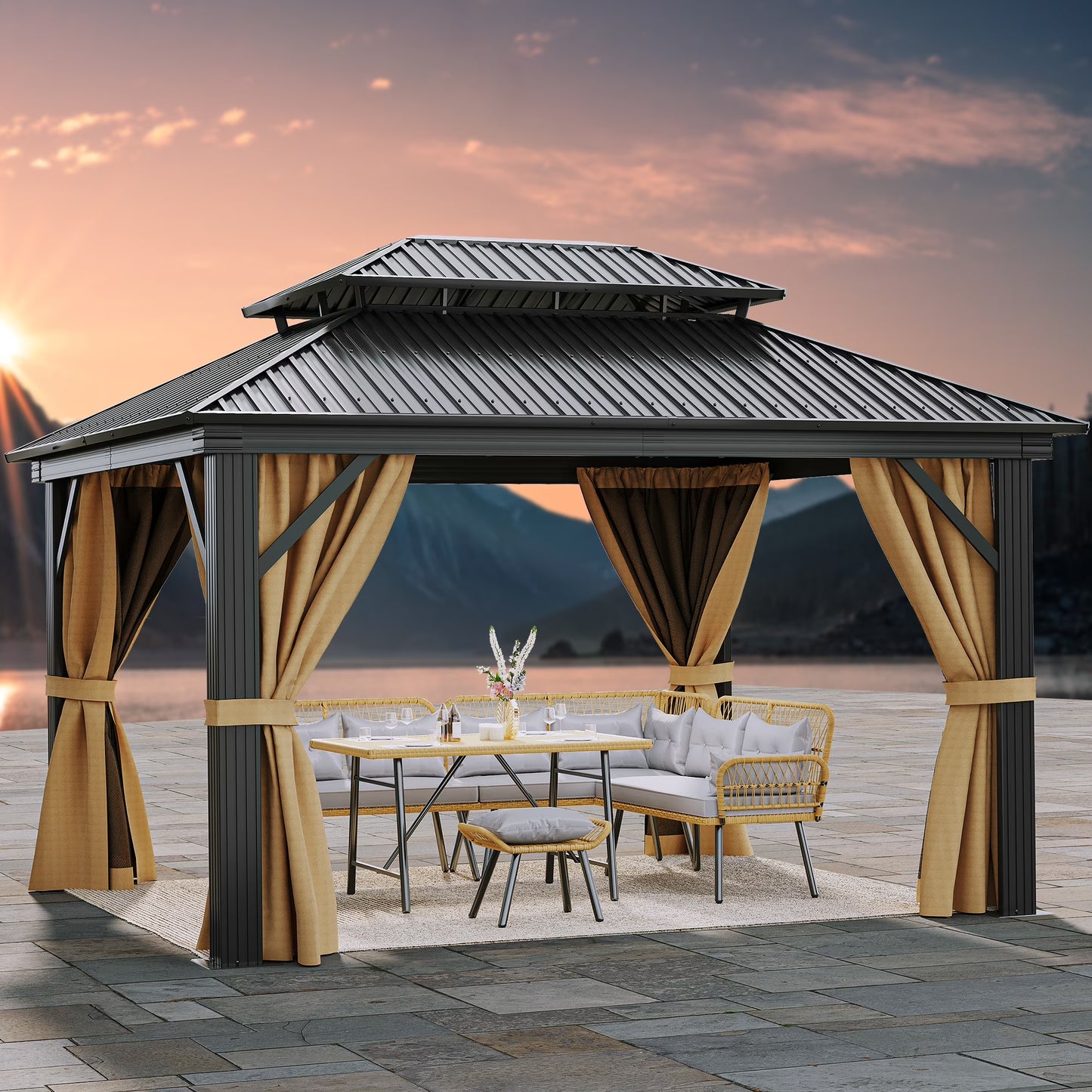 Dextrus 10x12ft Double Roof Hardtop Gazebo with Netting& Curtains, Double Galvanized Iron Aluminum Frame Outdoor White Gazebo,Ideal for Patio, Backyard,Deck and Lawns,Grey Curtain