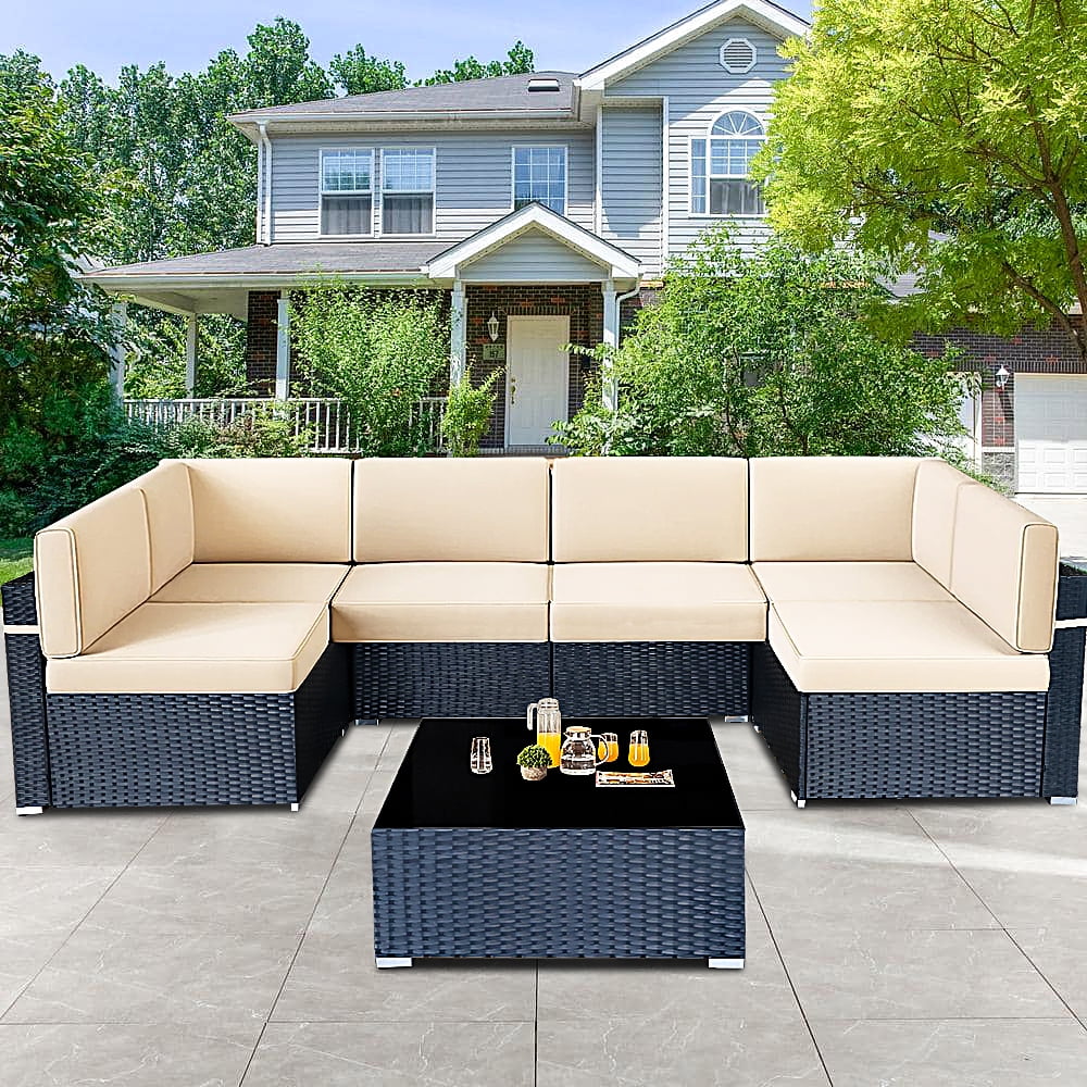 7 Piece Rattan Sectional Sofa Set, Outdoor Conversation Set, All-Weather Wicker Sectional Seating Group with Cushions & Coffee Table, Morden Furniture Couch Set for Patio Deck Garden Pool, K2774