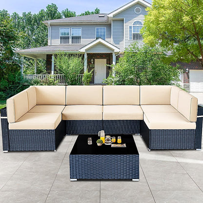 7 Piece Rattan Sectional Sofa Set, Outdoor Conversation Set, All-Weather Wicker Sectional Seating Group with Cushions & Coffee Table, Morden Furniture Couch Set for Patio Deck Garden Pool, K2774