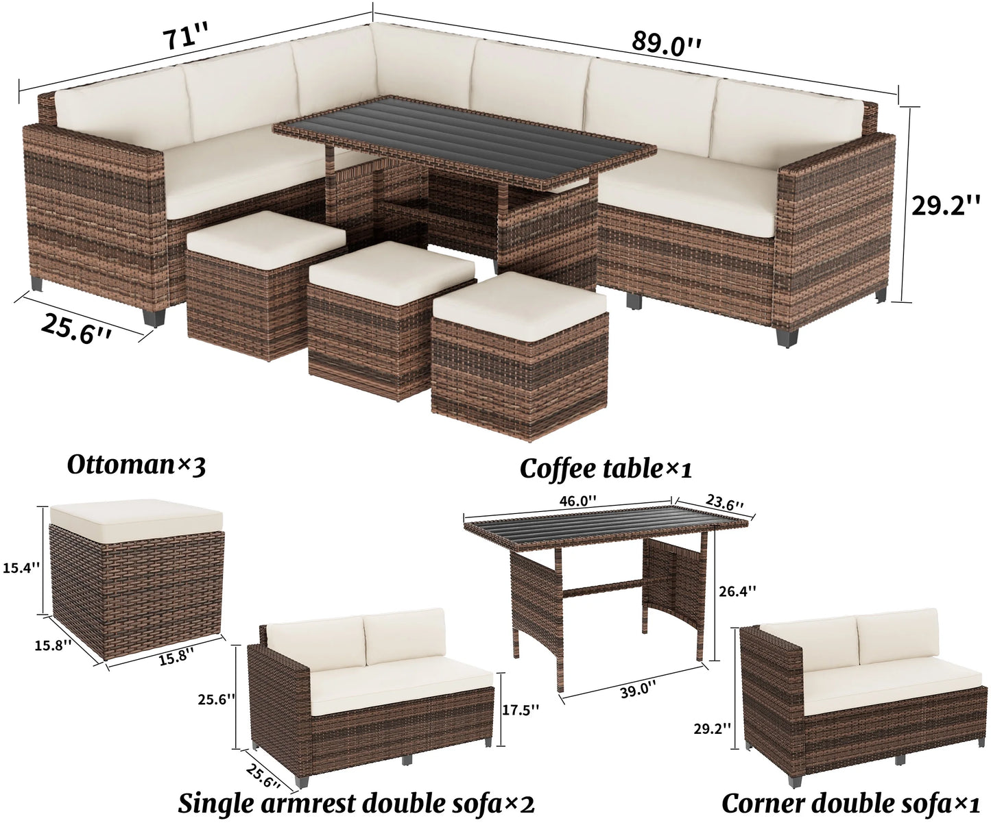 Bifanuo 7 Piece Patio Furniture Set, Outdoor Furniture Patio Sectional Sofa, All Weather PE Rattan Outdoor Sectional with Beige Cushions and Table, Black Wicker