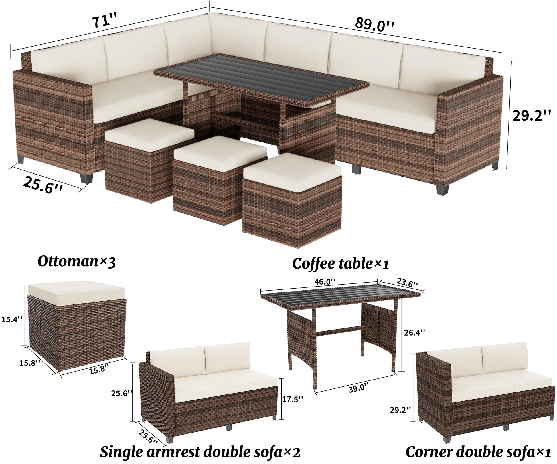 Bifanuo 7 Piece Patio Furniture Set, Outdoor Furniture Patio Sectional Sofa, All Weather PE Rattan Outdoor Sectional with Beige Cushions and Table, Black Wicker